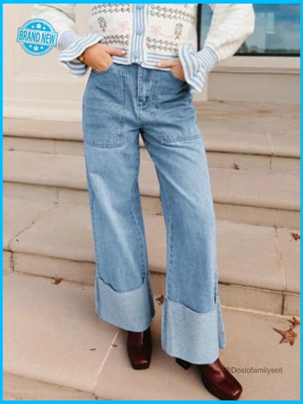 Baggy Cuffed Boyfriend Jeans Casual Straight Leg Denim Pants with Pockets - Picture 3 of 7